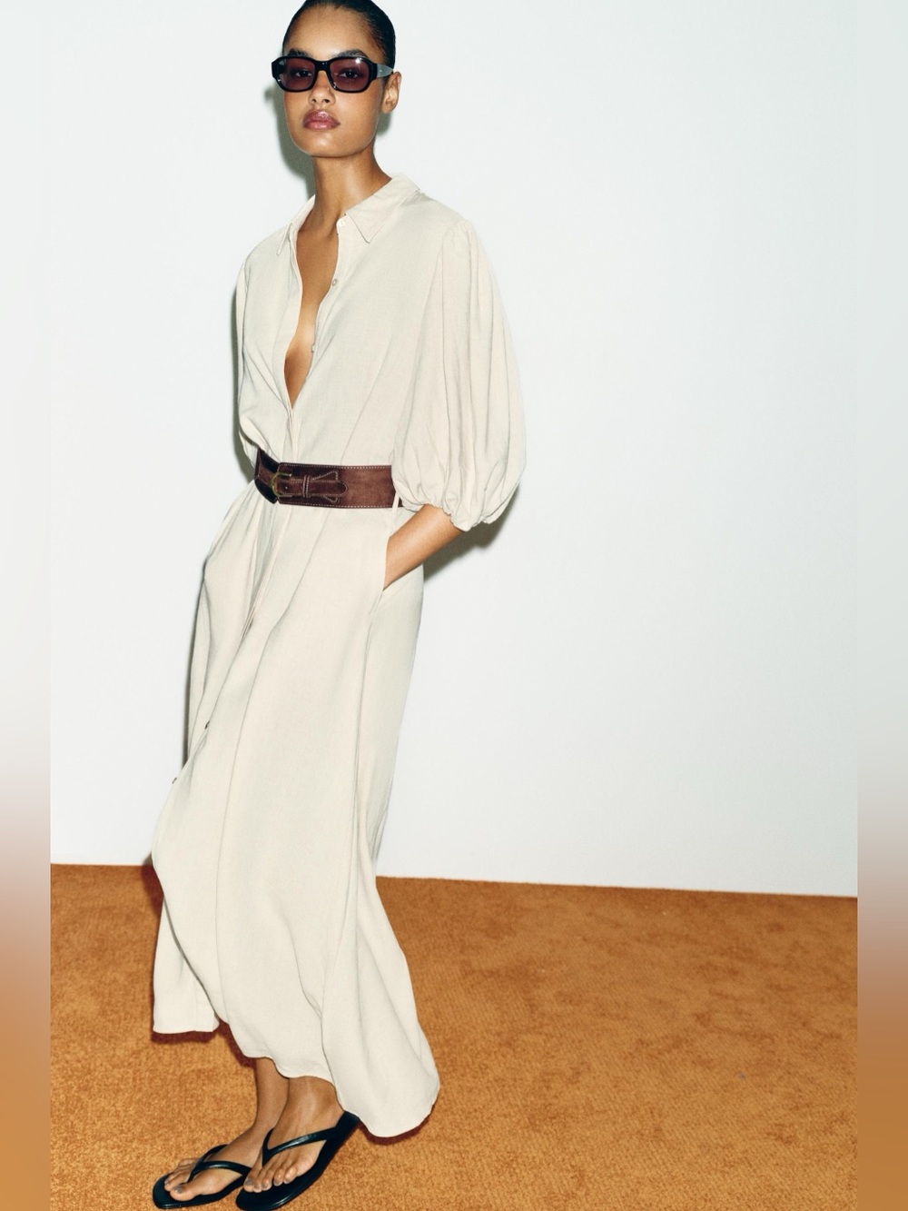 Zara Linen Viscose Blend Midi Dress W Belt Puff Sleeves Front Button Up Beige S